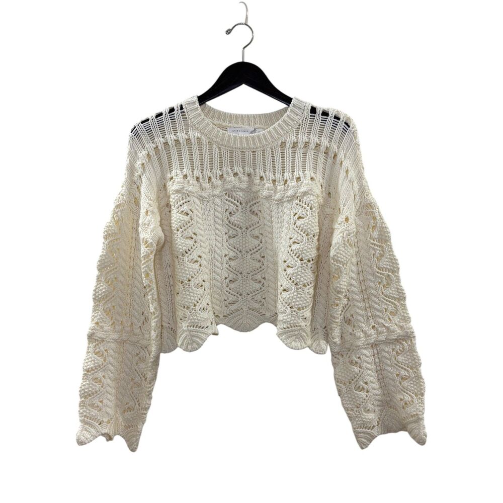 Altar'd State Open Knit Crop Sweater Cream Ivory Size Large Crochet Bell Sleeve
